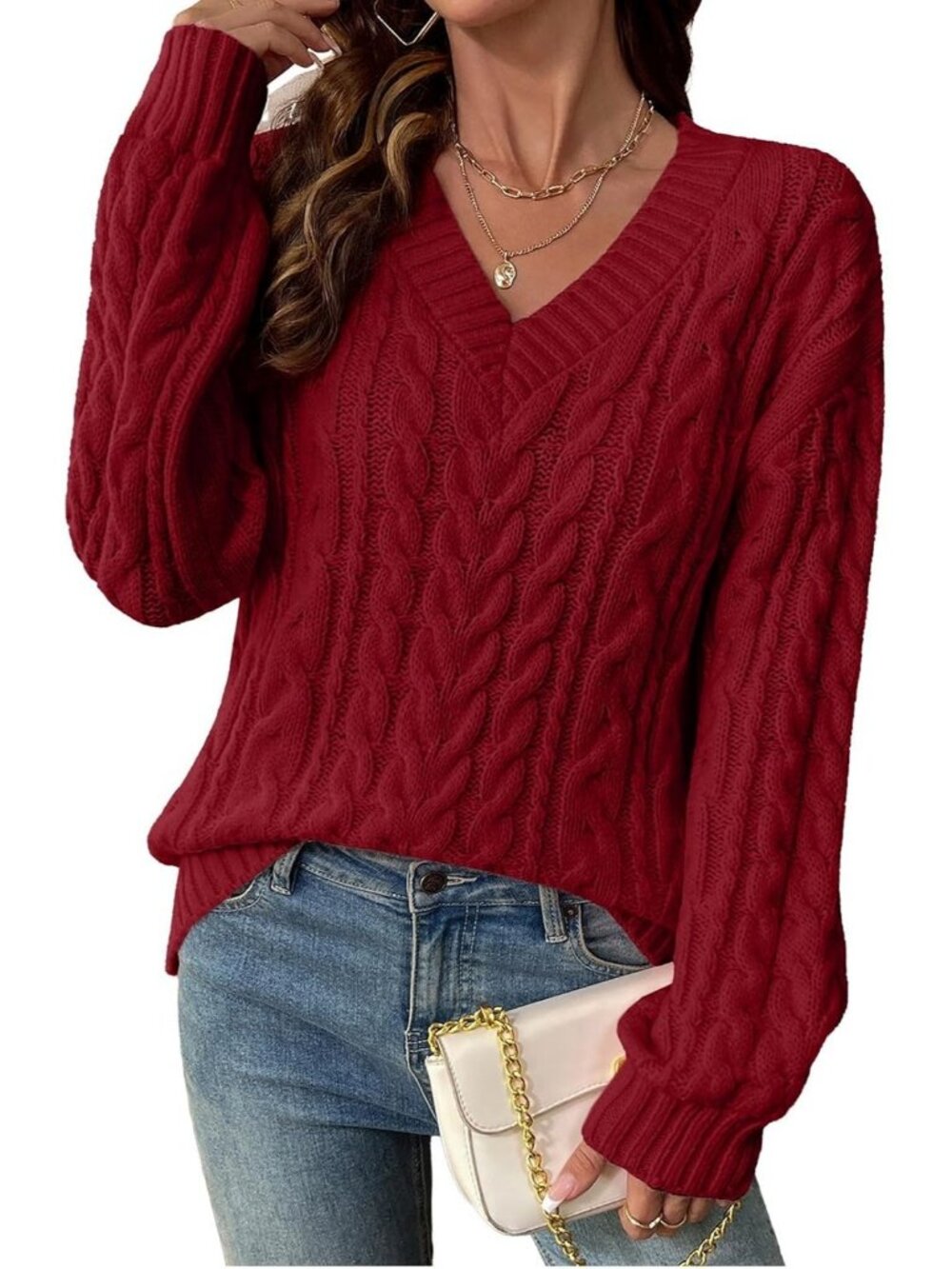 Women's Red Stylish Lightweight V Neck Cable Knit Sweater Fall Outfits Sweaters